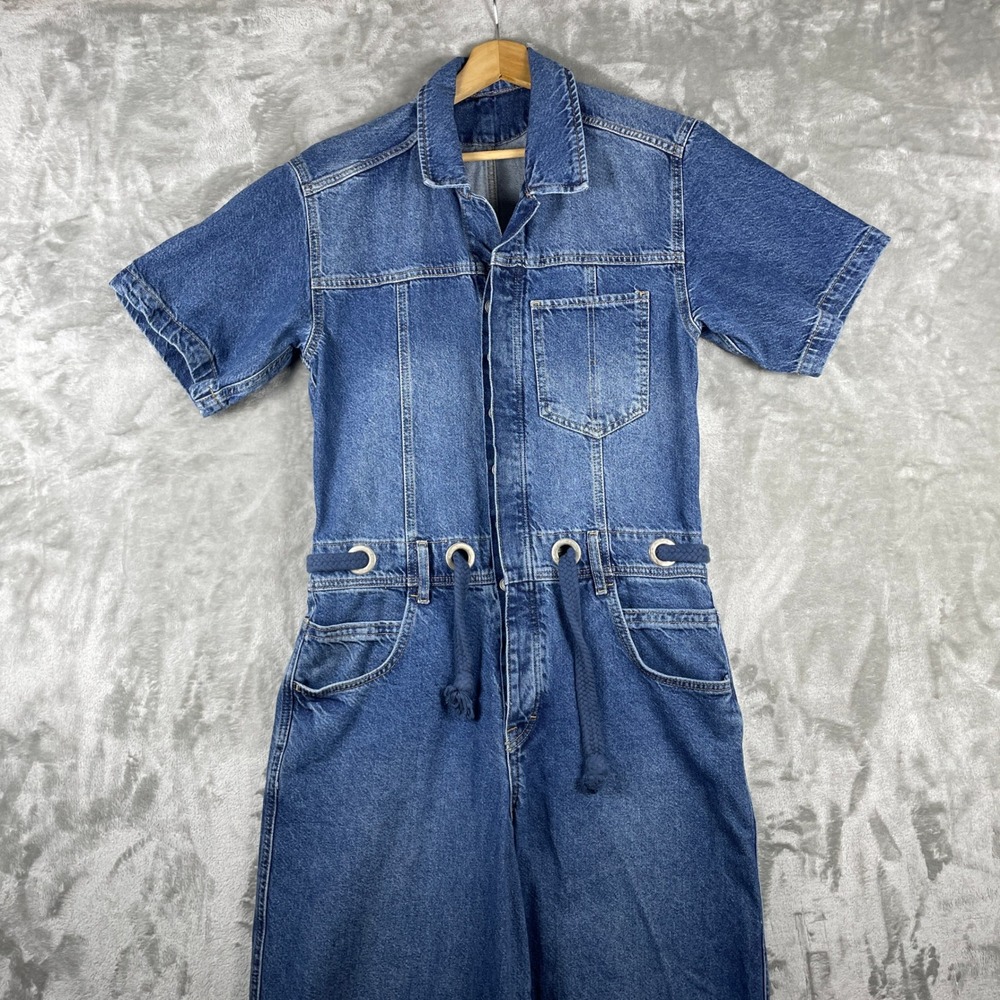 We The Free Edison Coverall Women M Blue Denim Short Sleeve Drawstring Jumpsuit